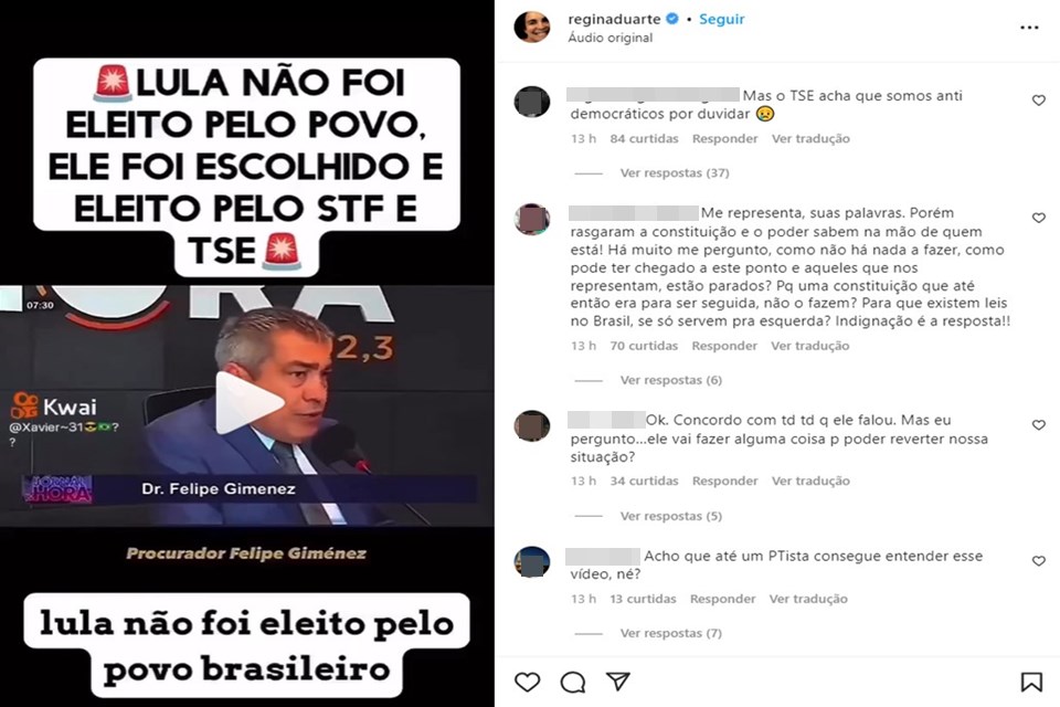 Regina Duarte posta nova fake news misturando fé, consciência e urnas