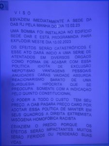 Carta com ameaça de bomba no prédio da OAB-RJ - Metrópoles