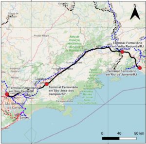 mapa com linha preta que indica trajeto de linha de trem