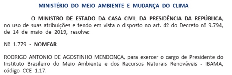 Imagem colorida mostra Diário Oficial da União onde Rodrigo Agostinho é oficializado como presidente do Ibama - Metrópoles