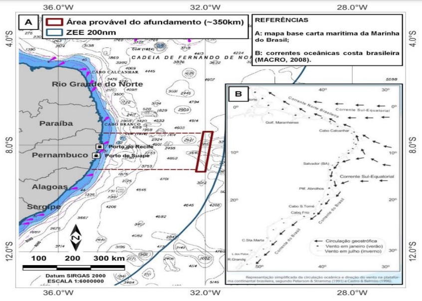 Mapa aponta área de provável afundamento do porta-aviões São Paulo