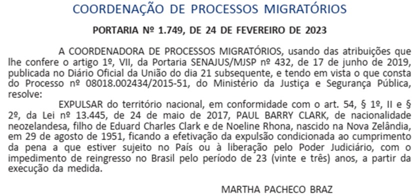 Portaria da deportação do neozelandês, Paul Clark, preso por estuprar crianças no RJ - Metrópoles