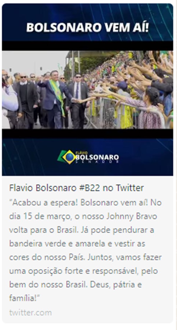 Imagem mostra mensagem de Flávio Bolsonaro falando da volta do pai em 15/3 - Metrópoles