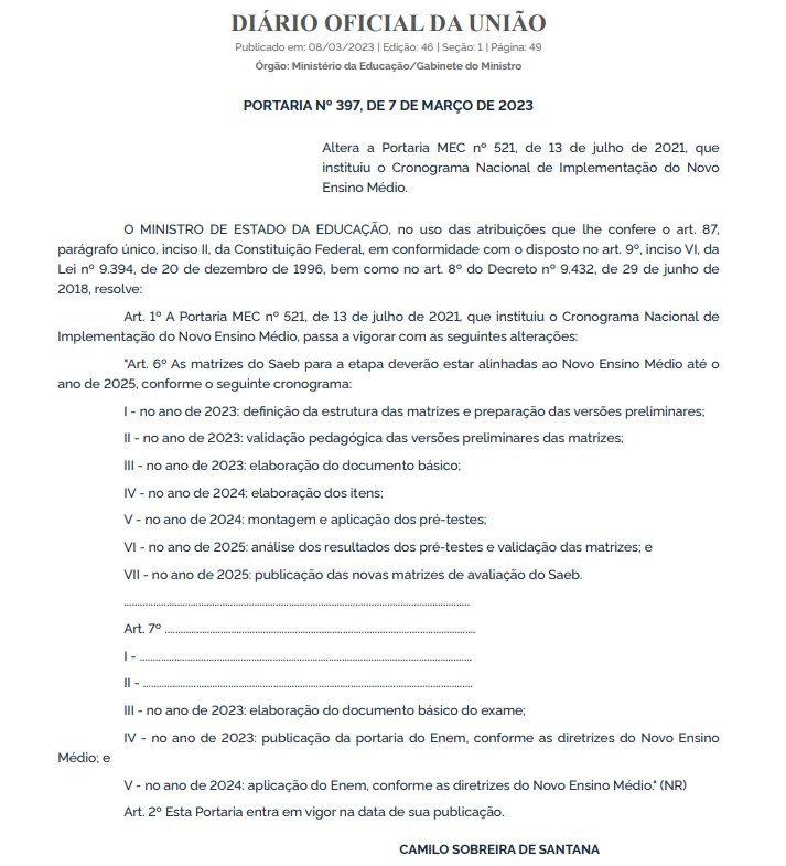 Captura de tela da portaria do MEC que altera o cronograma do novo ensino médio e do novo Enem - Metrópoles
