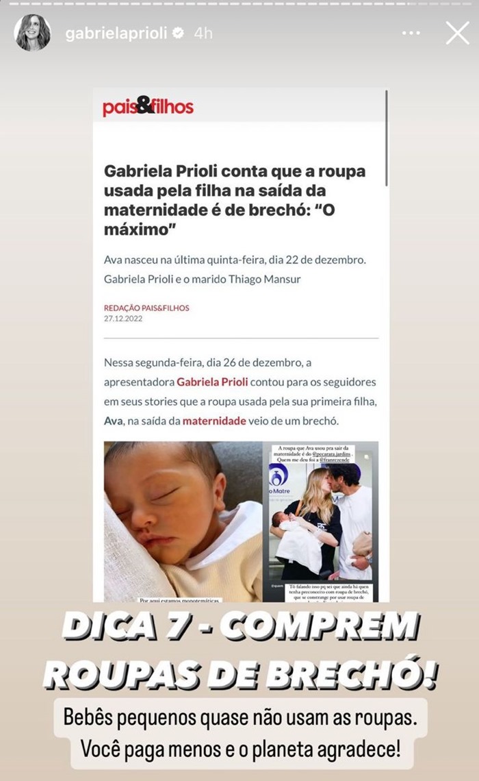 Stories da apresentadora Gabriela Prioli falando sobre comprar roupas usadas, em brechós, para crianças. - Metrópoles