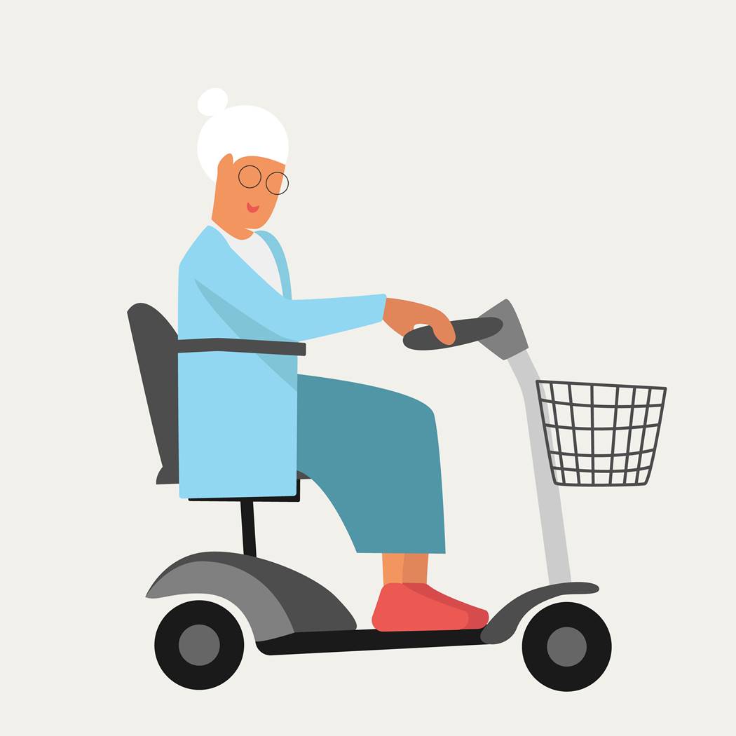 Desenho de uma mulher morena e idosa andando em um carrinho para locomoção