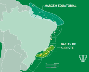 mapa das áreas de petroleo feita pela petrobras na costa brasileira; em destaque estao a margem eqautorial, ao norte, e a bacia de santos, a sudeste