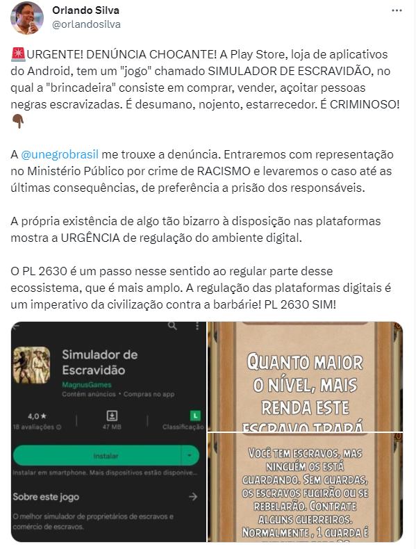 Imagem colorida de tweet do deputado Orlando Silva - Metrópoles