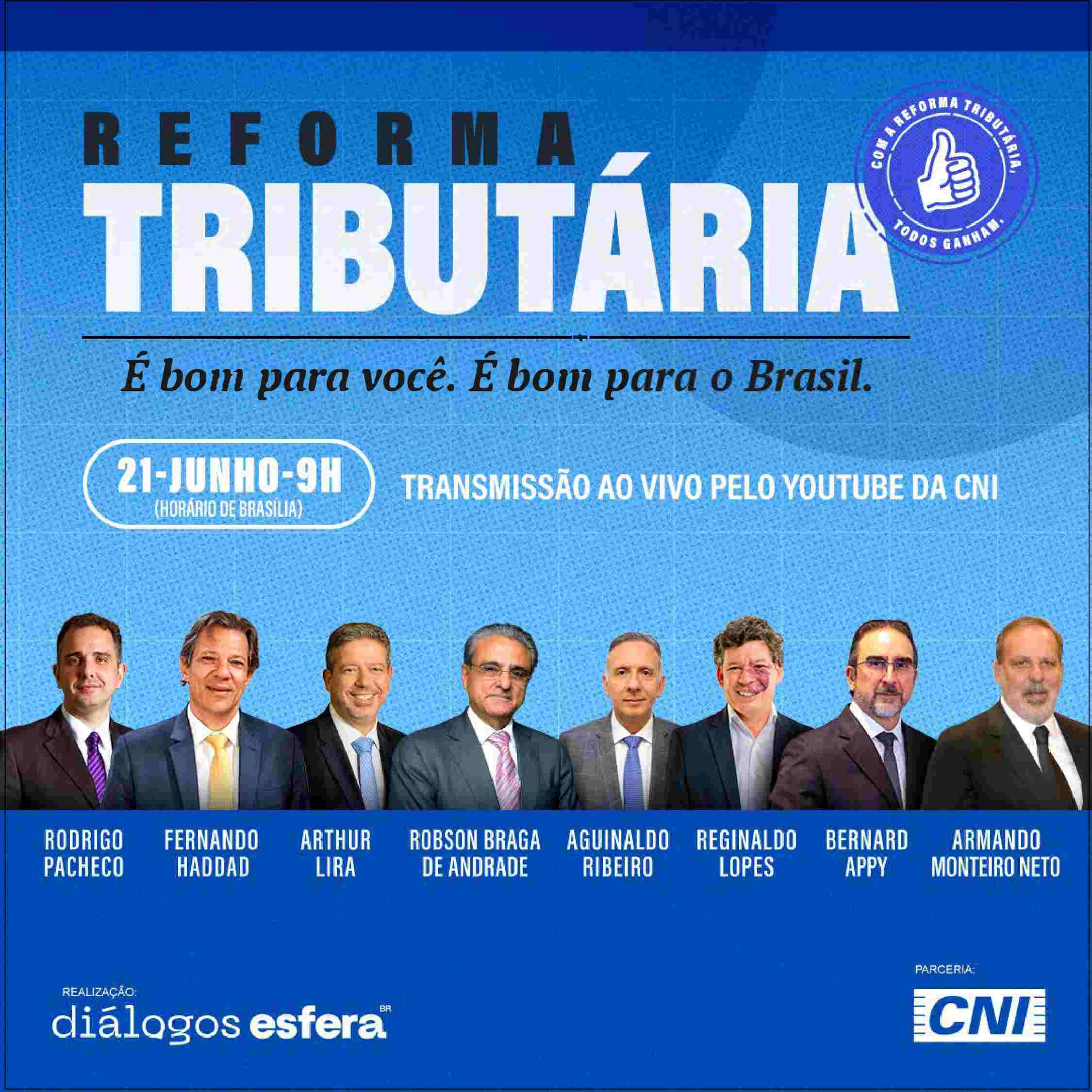 Arte colorida de divulgação do evento da CNI sobre reforma tributária