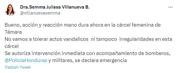 Captura de tela do Twitter da vice-ministra da Segurança de Honduras - Metrópoles