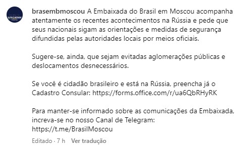 mensagem da embaixada do brasil em moscou - Metrópoles