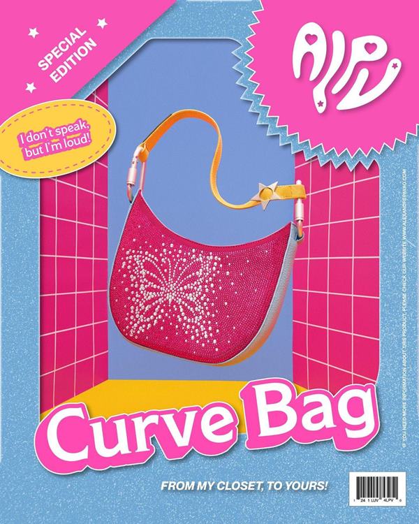 Bolsa inspirada na Barbie. O produto está editado com um fundo colorido e lúdico - Metrópoles