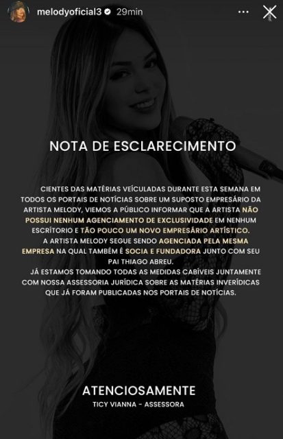 nota de esclarecimento de Melody - Metrópoles