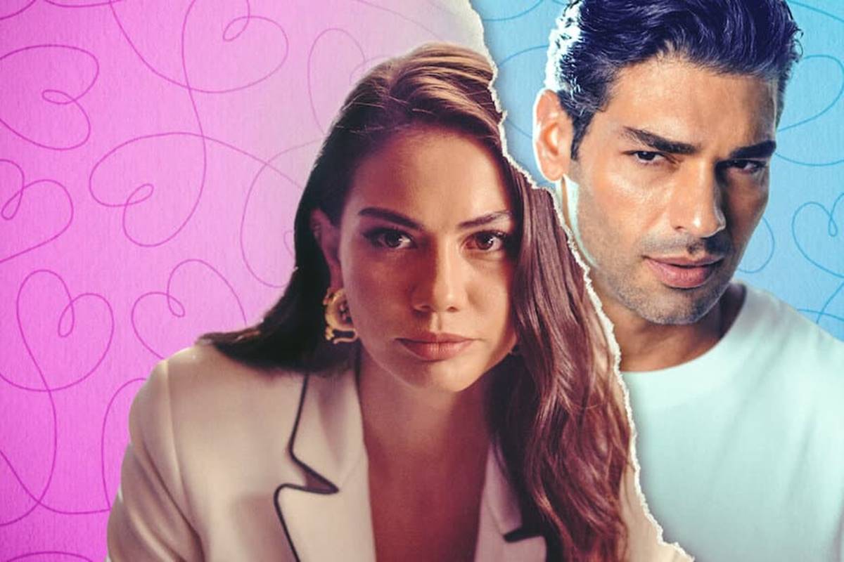 Montagem colorida em rosa e azul dos atores Demet Özdemir e Şükrü Özyıldız, protagonistas do filme Táticas do Amor 2 - Metrópoles