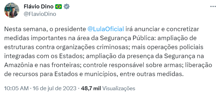 publicação do ministro da justiça segurança pública flavio dino no twitter