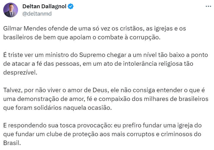 publicação do ex-deputado deltan dallagnol no twitter rebate falas de gilmar mendes