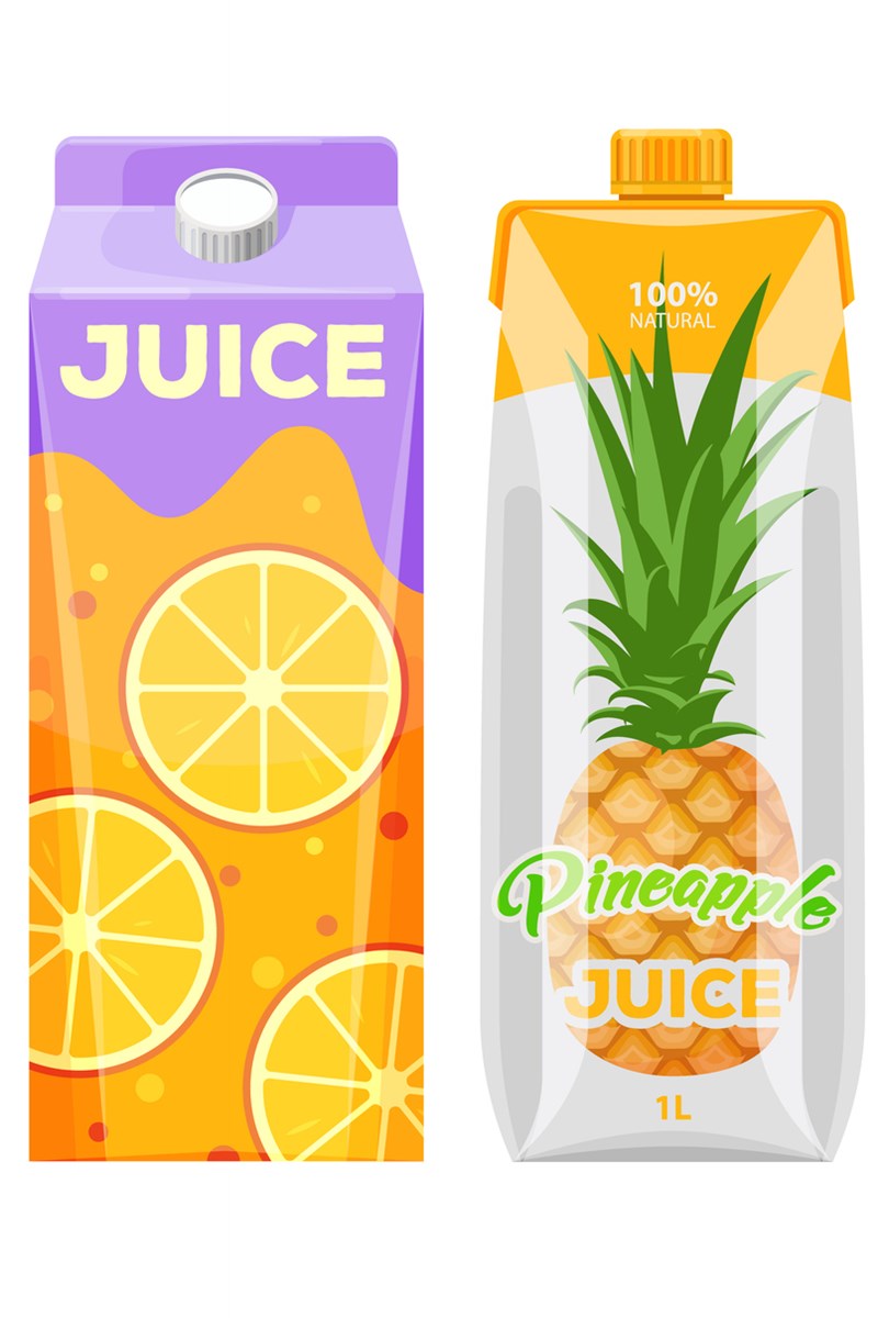 Ilustração colorida de duas caixas de suco, sendo uma de laranja e a outra de abacaxi - Metrópoles