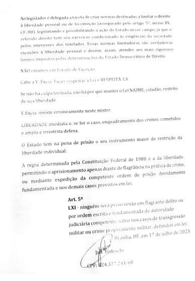 Carta aberta escrita pelo coronel Jair Tedeschi ao ministro Alexandre de Moraes