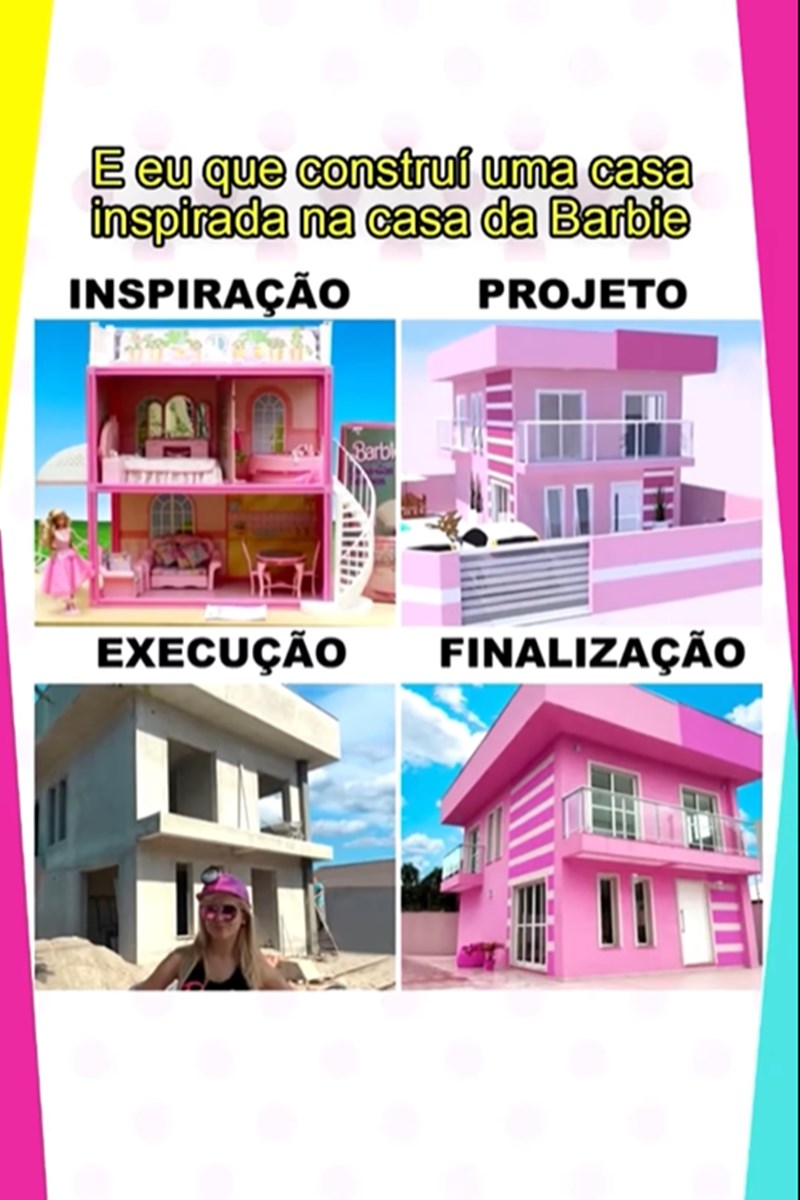 Foto colorida de montagem com quatro imagens de uma casa. Algumas propriedades são cor-de-rosa. Há texto escrito com as palavras inspiração, projeto, execução e finalização - Metrópoles