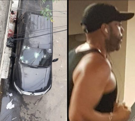 Foto colorida de um carro baleado e o miliciano Marco Antônio Figueiredo Martins ao lado - Metrópoles