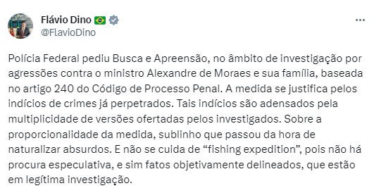 Print screen de twitter de Dino sobre busca e apreensão de agressores de Moraes - Metrópoles