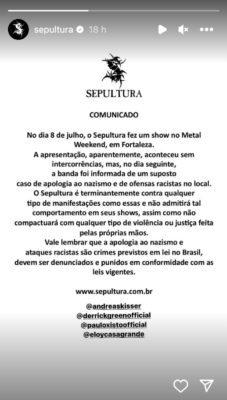 Publicação do Sepultura nos stories do Instagram sobre o caso de nazista que apanhou em seu show - Metrópoles