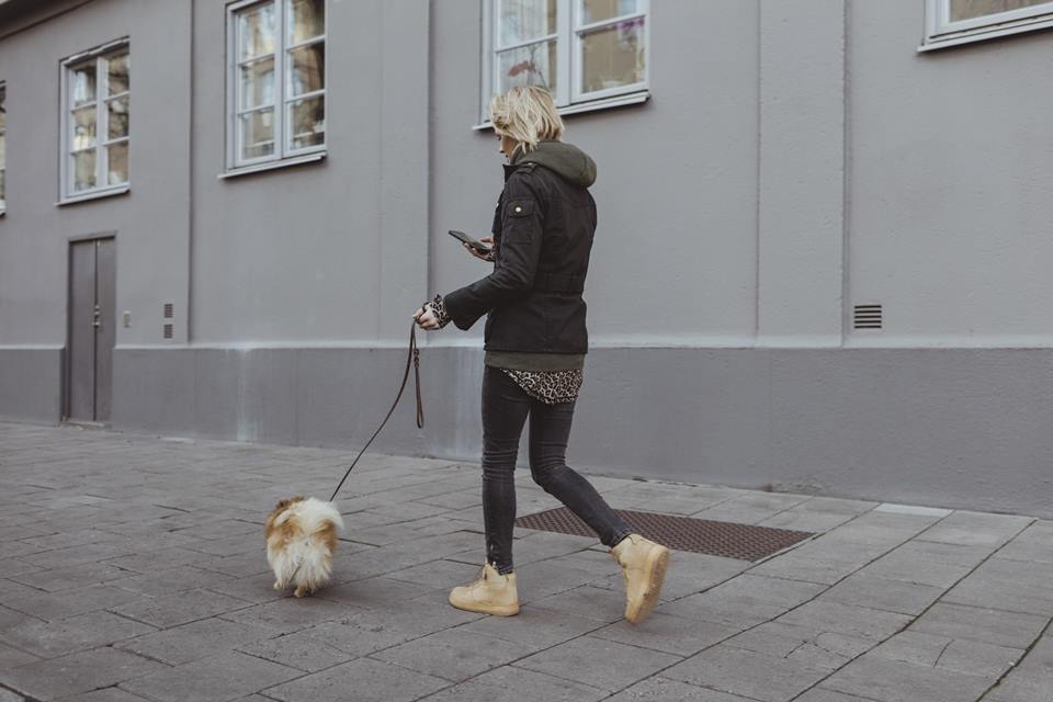 Na foto, mulher com roupa de frio passeando com o cachorro enquanto olha o celular - Metrópoles