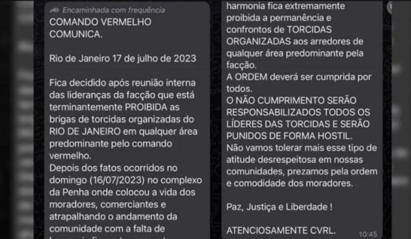 Suposta mensagem do Comando Vermelho proibindo brigas entre torcidas - Metrópoles