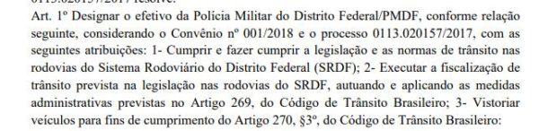 Parágrafo do DODF com instrução normativa que designa PMs para fiscalizar leis de trânsito