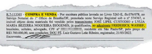 Reprodução de documento de cartório que atesta a propriedade de imóvel do advogado Frederick Wassef em Brasíla