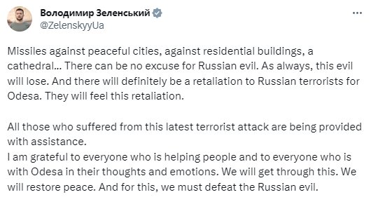 Reprodução de tuíte do presidente ucraniano,Volodymyr Zelensky, sobre ataque Russo à Catedral, em Odessa