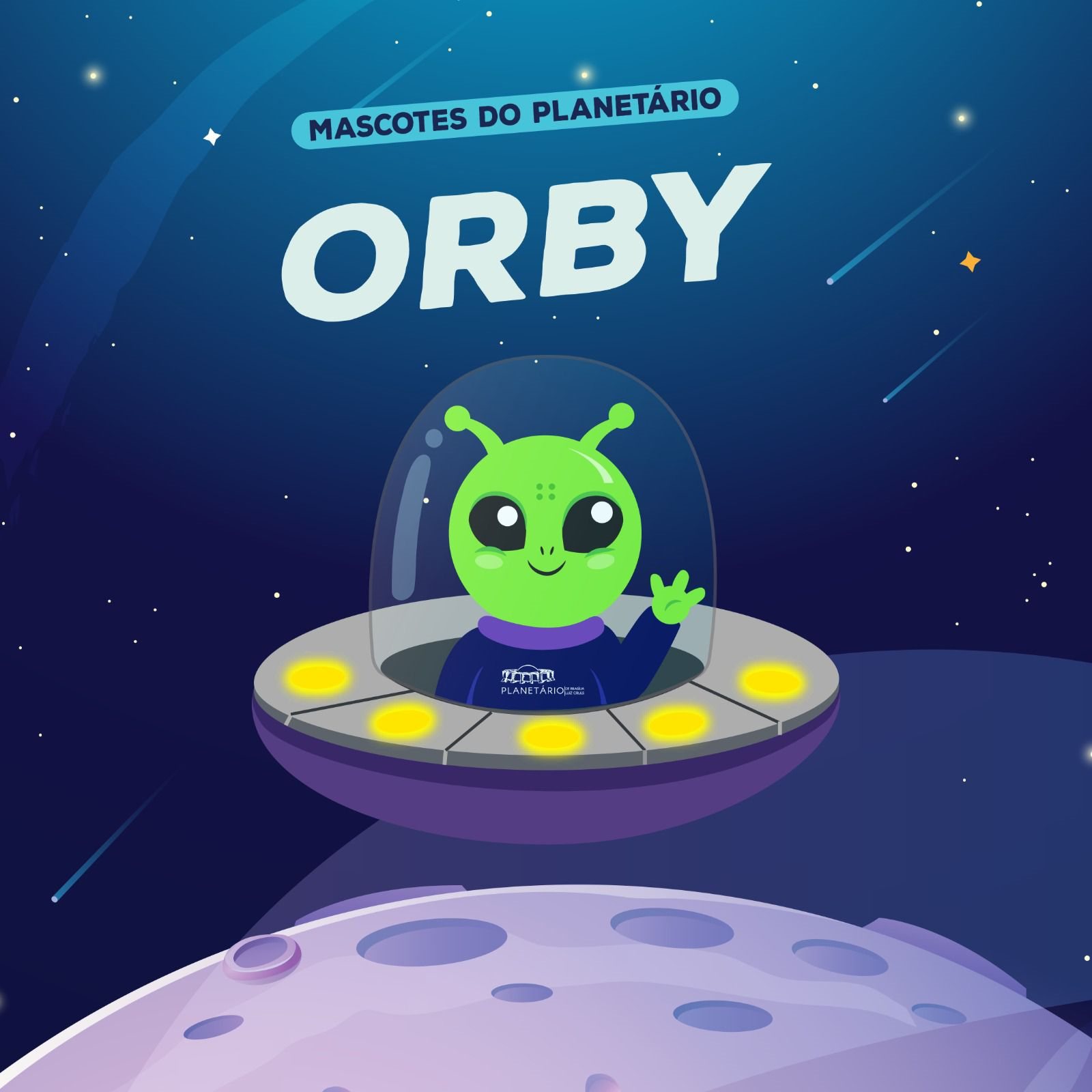 Personagem alienígena verde dá tchau de dentro de uma nave espacial. O nome Orby está em cima do personagem