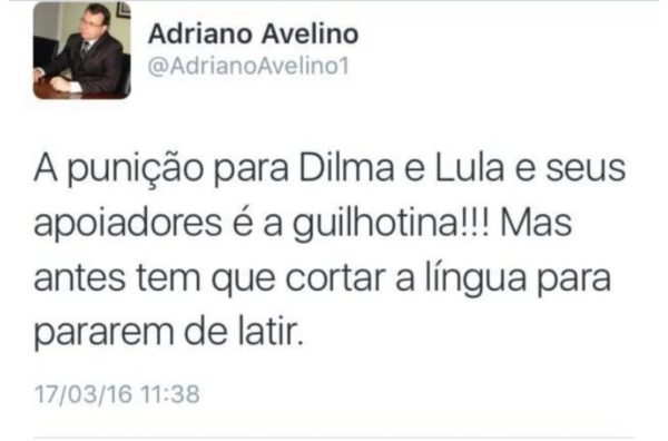 Tuíte do advogado Adriano Avelino