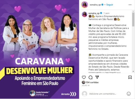 Print de postagem do perfil pessoal de Sonaira Fernandes, secretária de Políticas para a Mulher do governo de SP