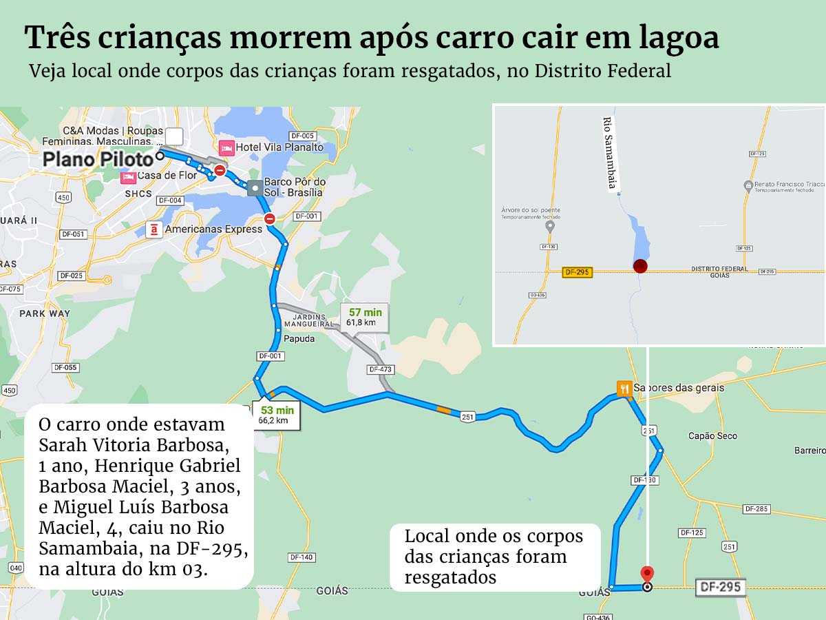 Mapa mostra onde carro com três crianças caiu em lagoa. Todas morreram