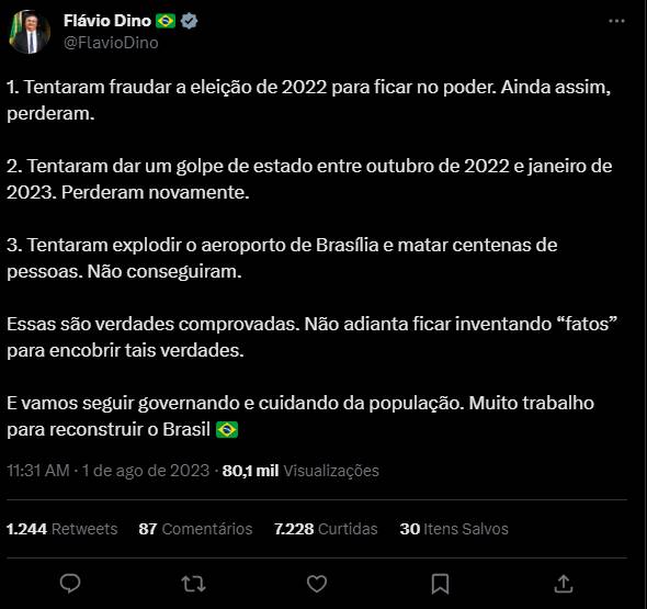 Captura de tela mostra publicação de Flávio Dino nas redes sociais