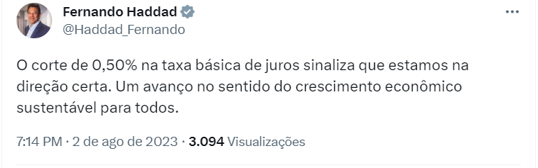 Captura de tela de publicação do ministro Fernando Haddad no Twitter