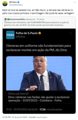 Mensagem publicada pelo deputado Gil Diniz no Twitter - Metrópoles