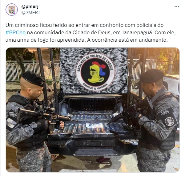 Imagem colorida de publicação da PMRJ sobre operação na Cidade de Deus - Metrópoles