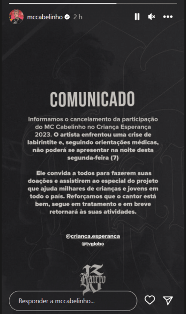 comunicado MC Cabelinho