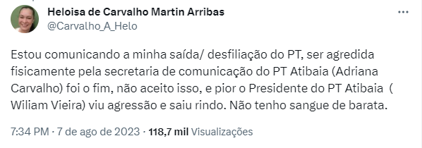 Print colorido de postagem da filha de Olavo de Carvalho no Twitter - Metrópoles