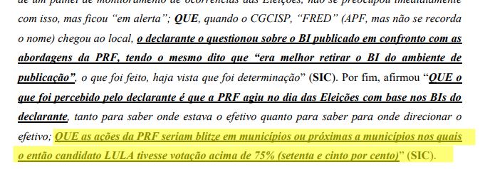 Recorte de depoimento de servidor do Ministério da Justiça em investigação contra Silvinei Vasques, ex-prf