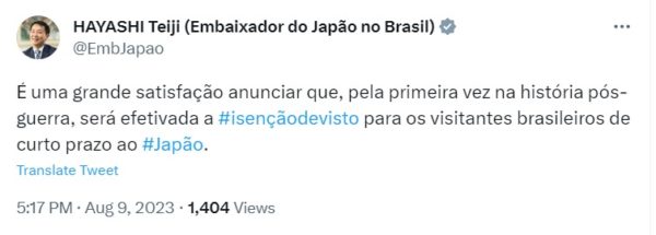 print tuite do embaixador do japao sobre isenção de vistos - metrópoles