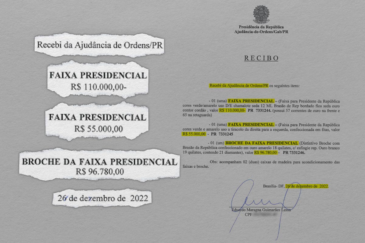 Facsimile do recebido de entrega das faixas e broche presidenciais - Metrópoles