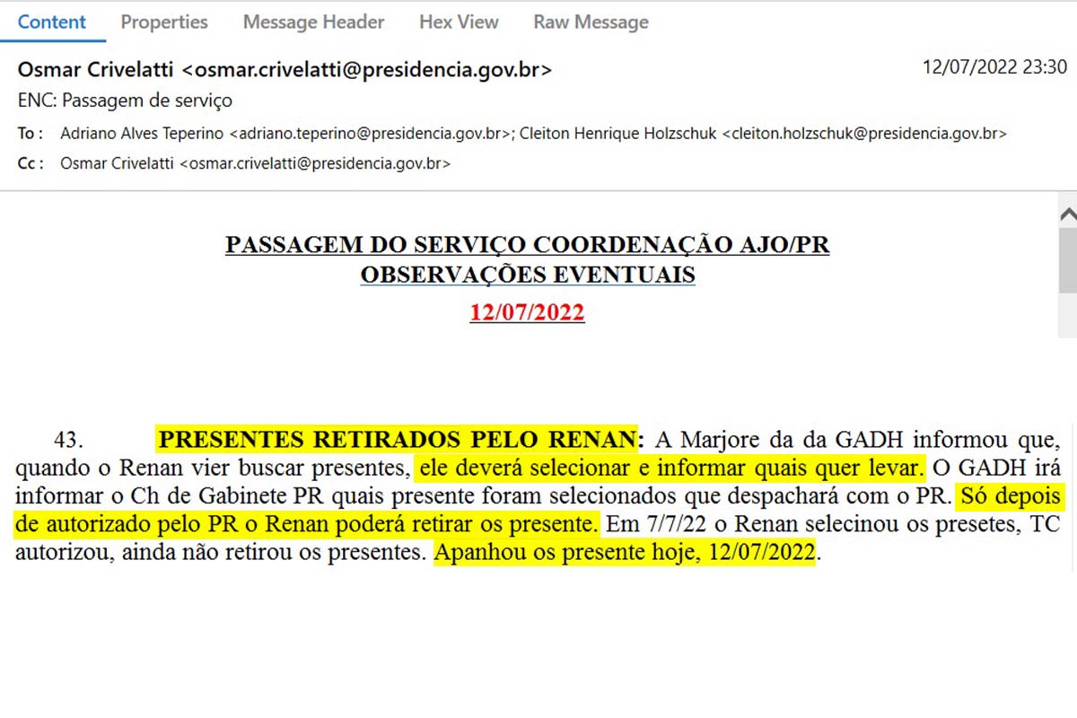 fac similie de documento sobre presentes levados por Jair Renan do arquivo da presidência - Metrópoles