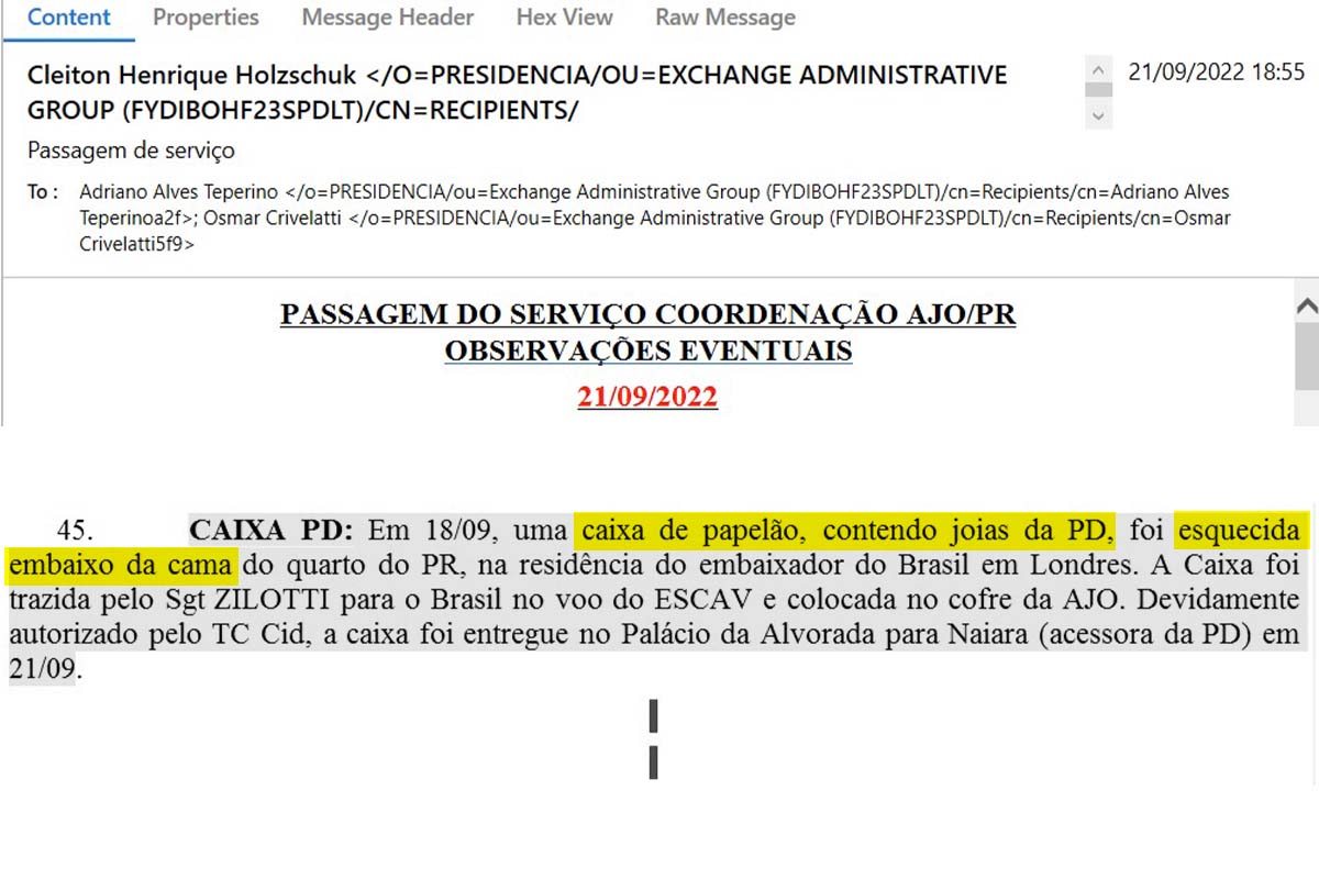 fac simile com e-mail sobre a caixa de joias esquecida por Michelle Bolsonaro em Londres - Metrópoles