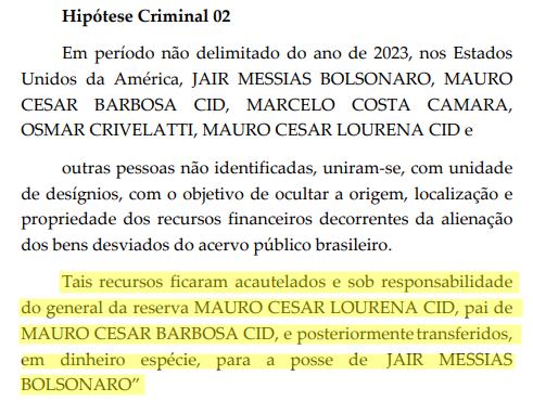 Imagem de reprodução de hispóteses da PF sobre Bolsonaro ter recebido dinheiro em espécie