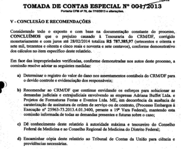 Trecho de tomada de contas especial que aponta prejuízo ao CRM-DF