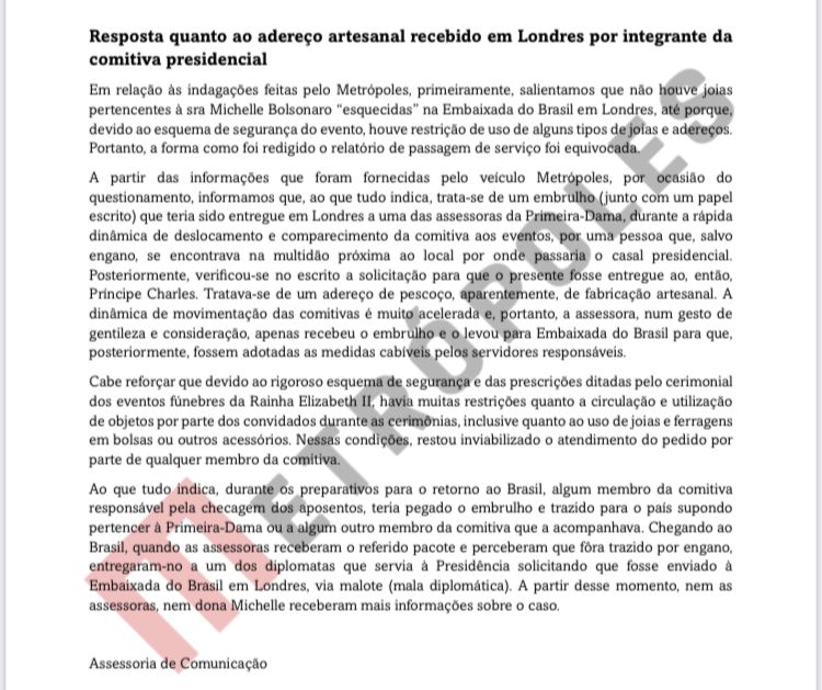 Nota de Michelle Bolsonaro sobre caixa com joias esquecidas em Londres