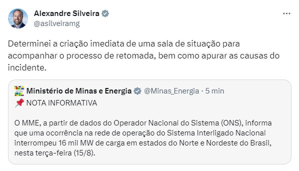 Imagem colorida de captura de tela de postagem do ministro Alexandre Silveira sobre o apagão nacional - Metrópoles